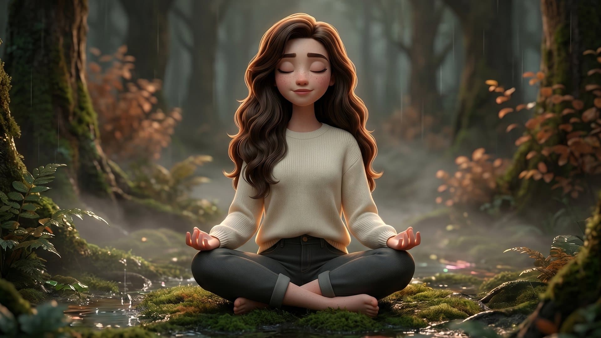 A woman sitting barefoot and cross-legged on moss in a misty autumn forest, eyes closed in calm stillness
